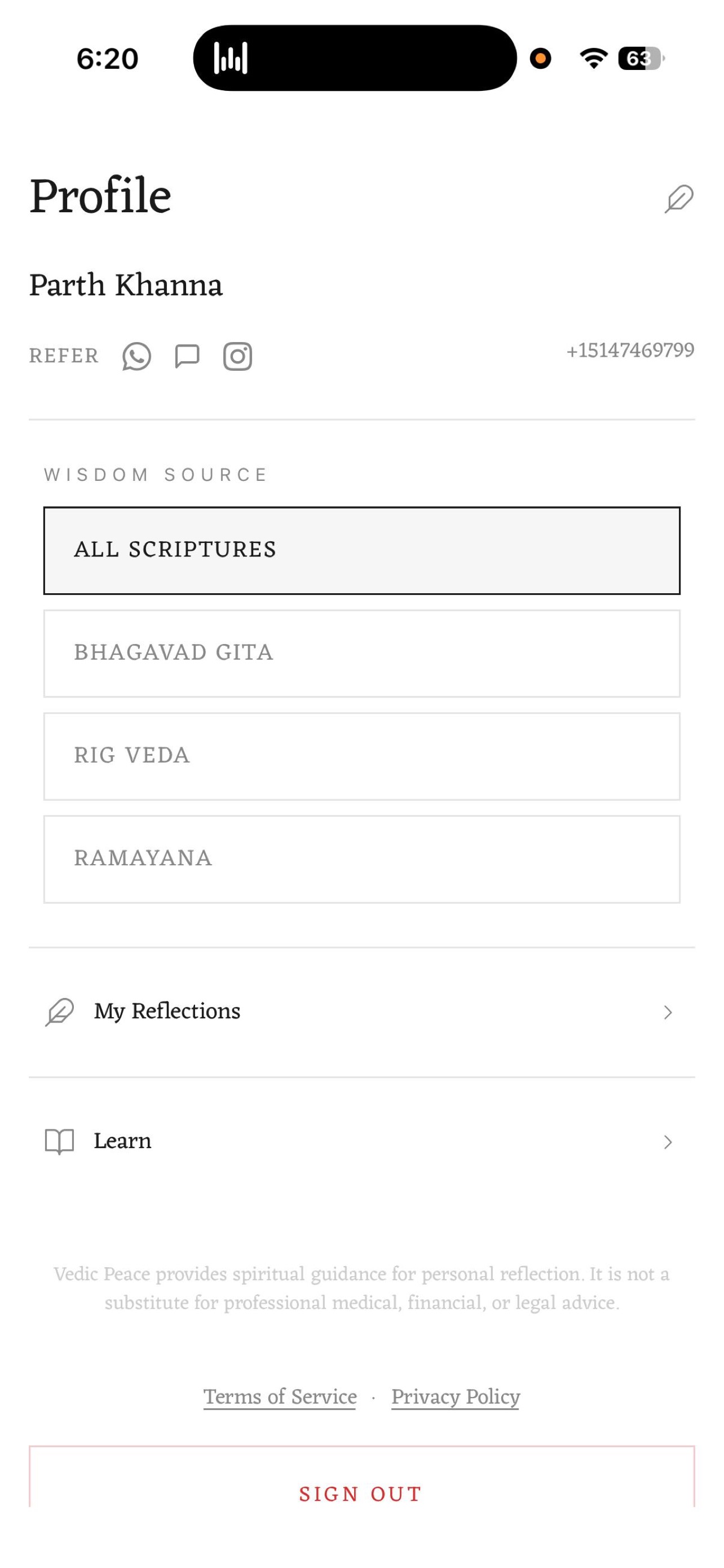 Vedic Peace profile — choose your scripture source